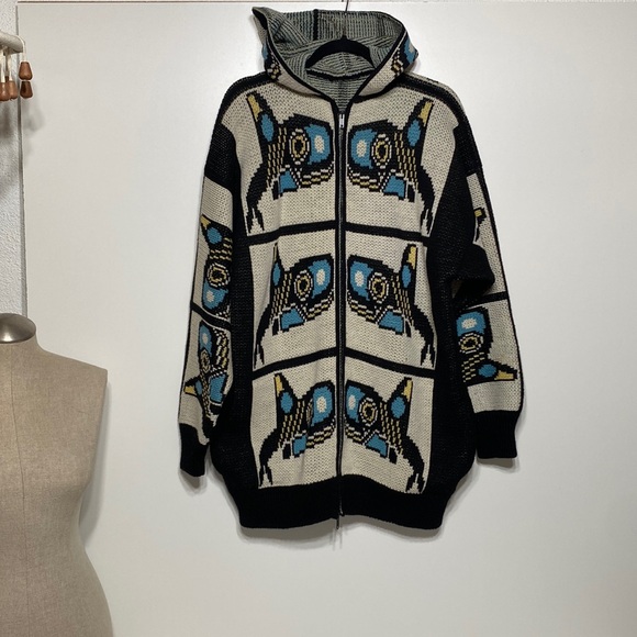 Vintage Sweaters - Vintage Double Zipper Unisex Whale Design Thick Zip Up Cardigan Sweater
